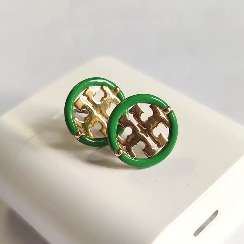 Tory Burch Green Enamel Hollow Round Stud Earrings